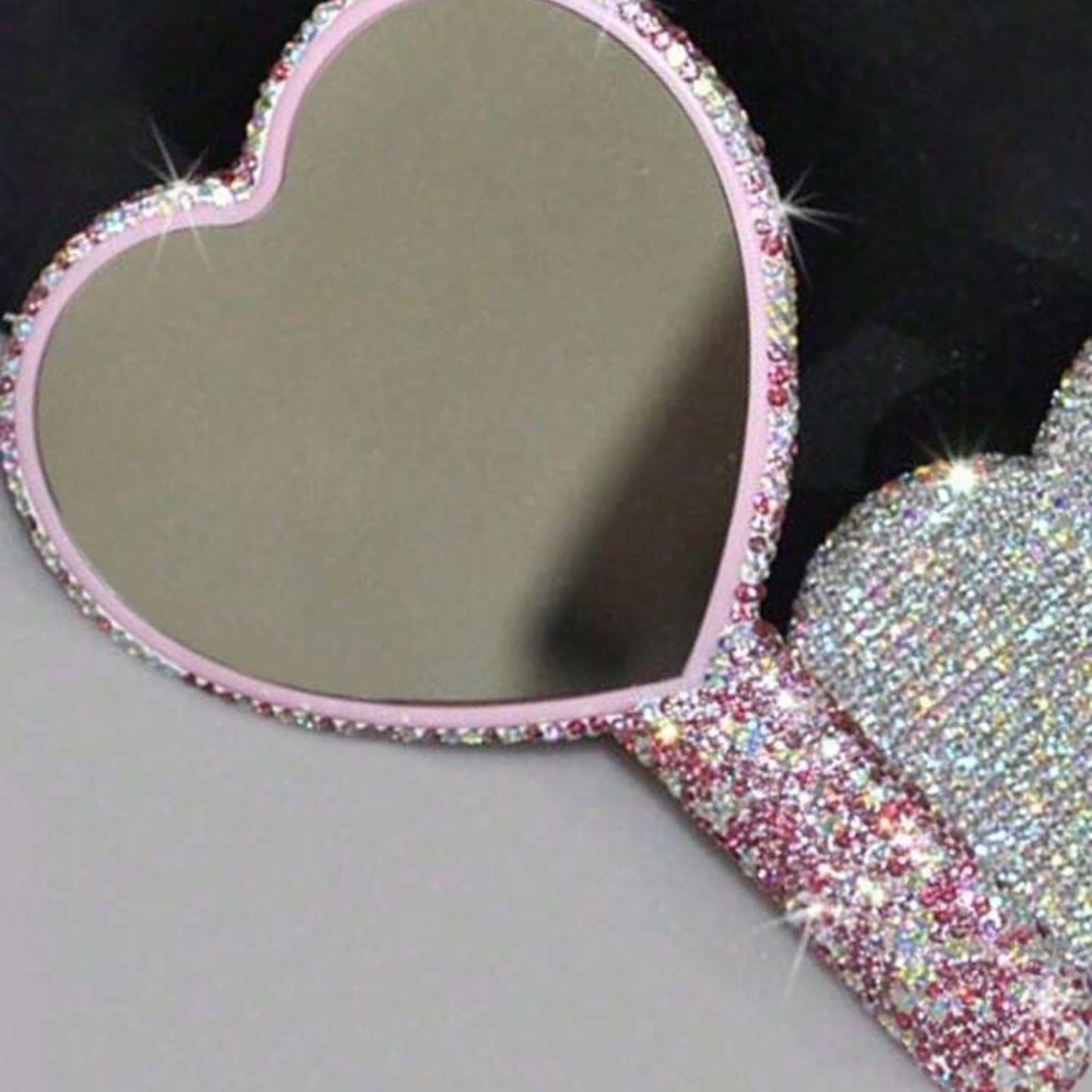 1pc Diamond Studded Heart-Shaped Makeup Mirror, Luxury Sparkling Crystal Rhine
